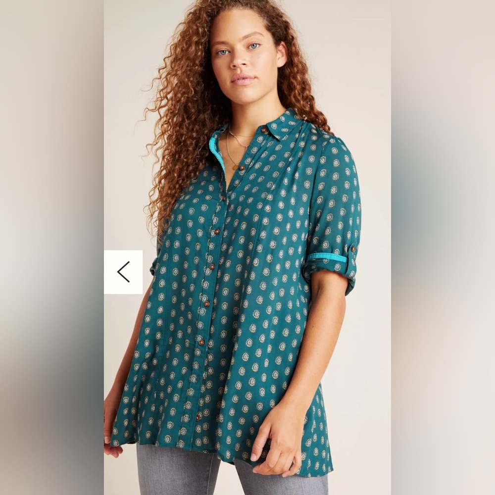 Anthropologie Maeve Monika Teal Button Down Tunic